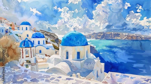 A watercolor painting depicting a serene blue and white church standing proudly by the vast ocean, with waves gently crashing against the shore under a clear sky.