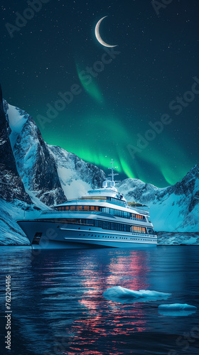 Luxury Cruise ship in the northern sea with snow mountain, crescent moon and green aurora light in the sky photo