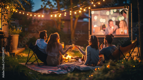Happy couple enjoying in movie night with friends in backyard.