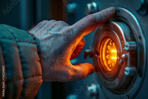 Precision and security blend in this close-up of a man's hand turning a luminous safe dial