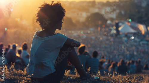 festival goer figure perched atop a hill overlooking a one of the largest summer music festival photo