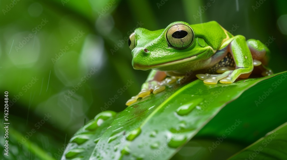 A frog is sitting on a leaf in the rain. The frog is green and has a curious expression on its face