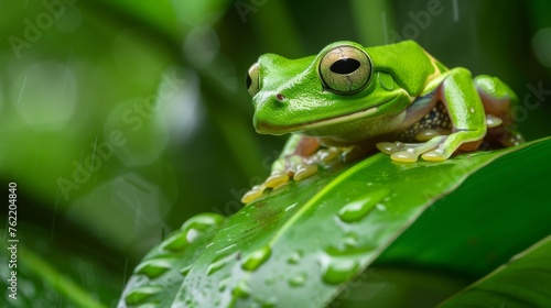 A frog is sitting on a leaf in the rain. The frog is green and has a curious expression on its face