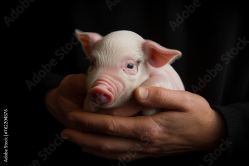 Close up of a mini pig held securely in the hands of its owner, their connection depicted in the mutual trust and companionship they share. © Hanna Haradzetska