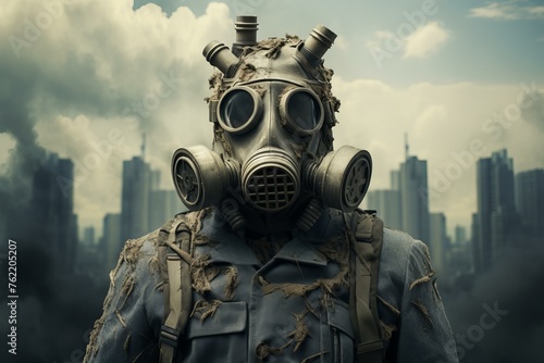 Anonymous Man in air gas mask. Polluted air. Generate Ai