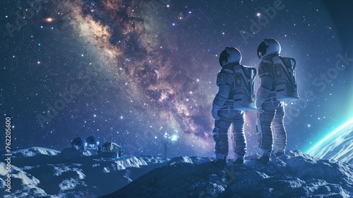 Two Astronauts in Space Suits Stand on the Planet and Looking at the The Milky Way Galaxy. In the Background Lunar Base with Geodesic Dome. Moon Colonization and Space Travel Concept. © peerawat