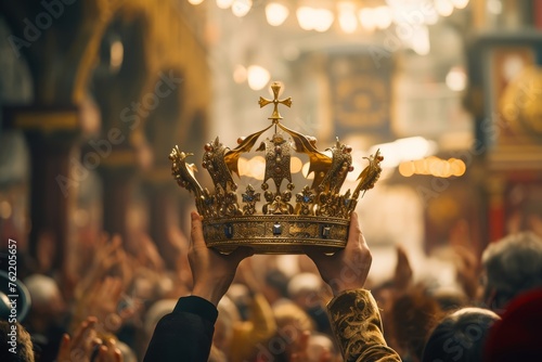 Photo from behind showing hands lifting an ornate crown above the future ruler's head, set against a blurred background of the coronation crowd photo