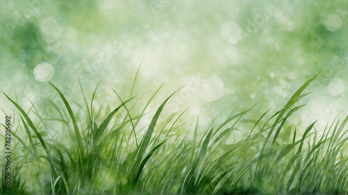 Watercolor green grass illustration. Bokeh green abstract watercolor background. Spring green grass watercolor painting.