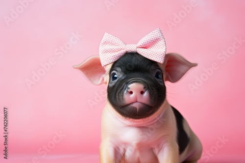 A mini pig wearing a cute bow tie and sitting against a soft pastel backdrop, exuding charm and style photo