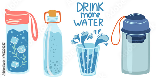 Drink more water set. h2o. Thermos flasks with water, mug, glass, bottle.  Vector hand draw illustration