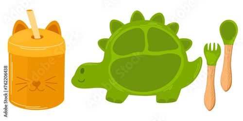 Kid tableware set. Children dish. Flat design Vector hand draw illustration isolated 