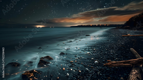 A beach at night is captured in a long exposure, showing the movement of the waves crashing against the shore. The dark sky above is dotted with stars