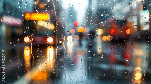 A blurred view of a wet city street, with a bus in the background. Raindrops on the pavement add to the wetness of the scene