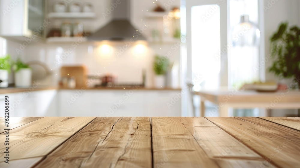 Empty wooden table and blurred background of modern kitchen, product display montage Empty wooden table and blurred background of modern kitchen, product display montage