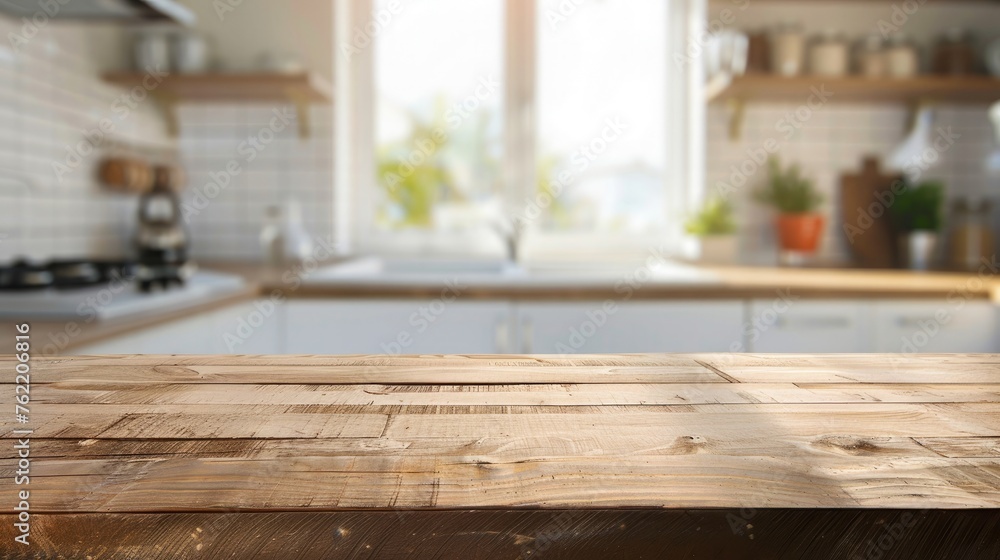 Empty wooden table and blurred background of modern kitchen, product display montage Empty wooden table and blurred background of modern kitchen, product display montage