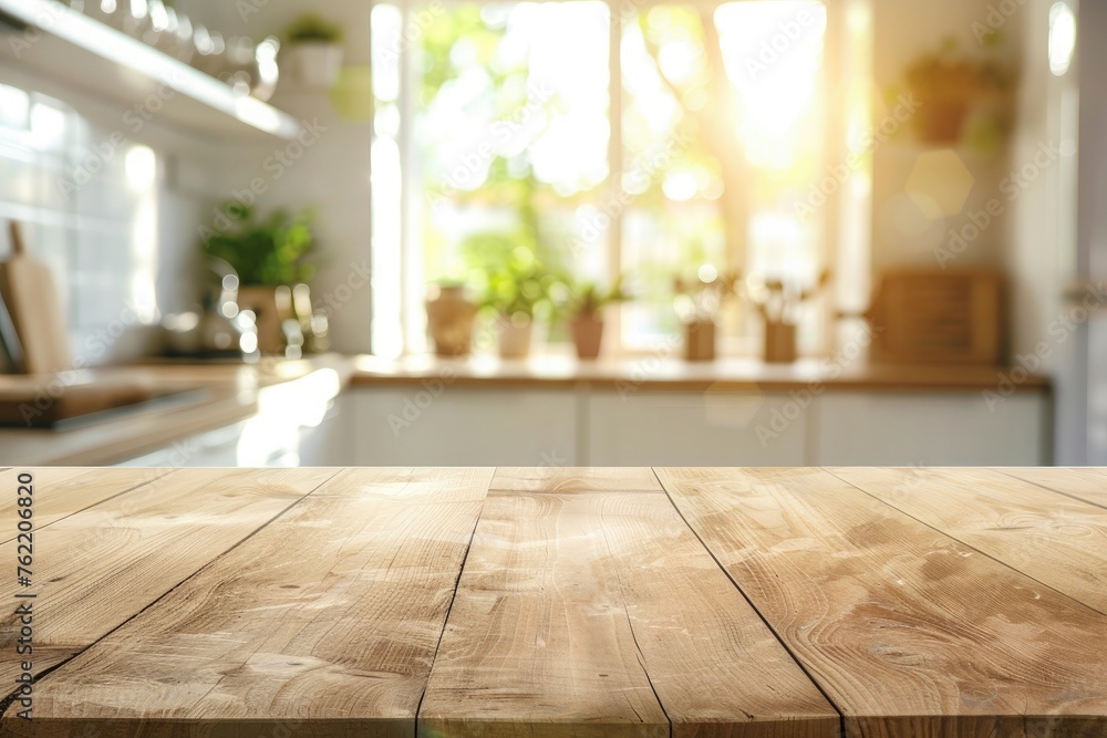 Empty wooden table and blurred background of modern kitchen, product display montage Empty wooden table and blurred background of modern kitchen, product display montage