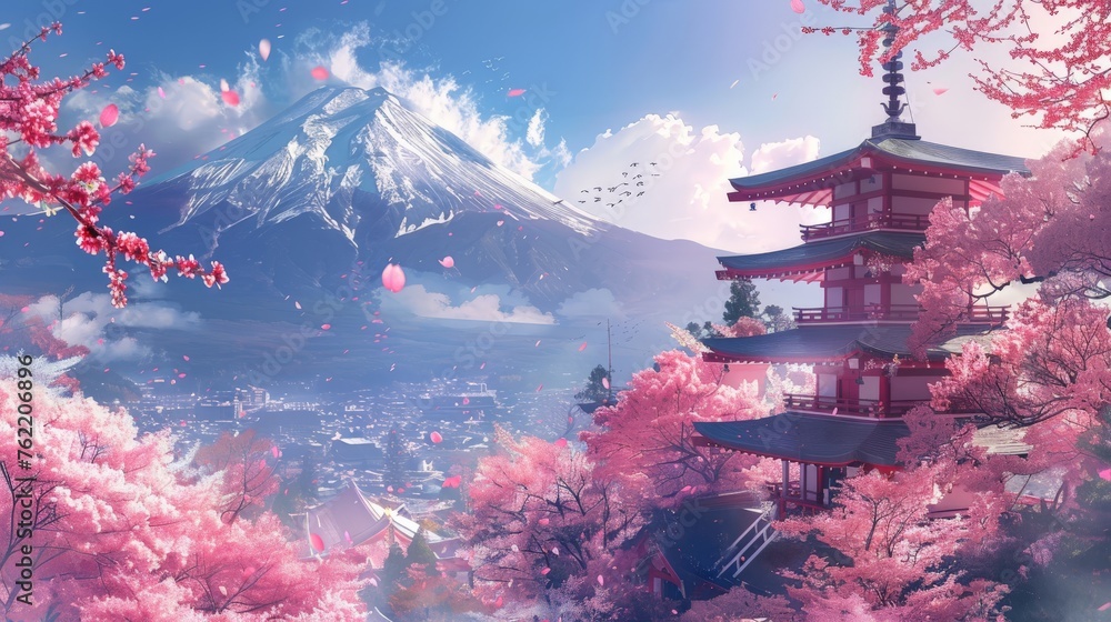 Japan Beautiful view of mountain Fuji and Chureito pagoda at sunset, japan in the spring with cherry blossoms.