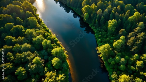 Aerial view of the river in the forest at sunset. Drone photography