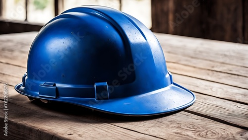 Blue hard hat on wood table in construction site. safety concept.
