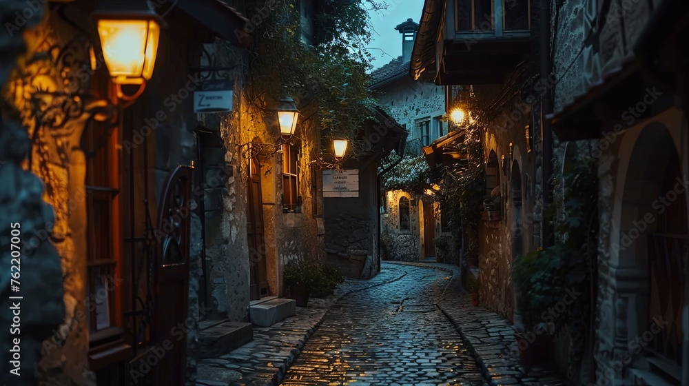 Old European Alley Lit by Lanterns at Dusk