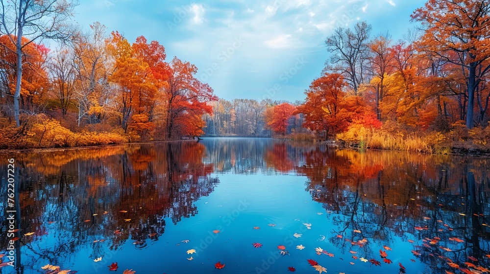 Vibrant Autumn Foliage Reflecting on Serene Lake
 - obrazy, fototapety, plakaty 