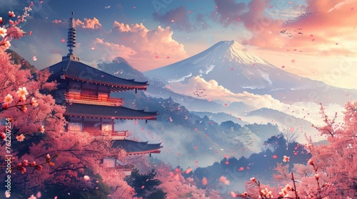 Japan Beautiful view of mountain Fuji and Chureito pagoda at sunset  japan in the spring with cherry blossoms.