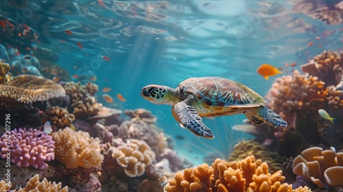 Sea Turtle Swimming in Vibrant Coral Reef © Pandadeda