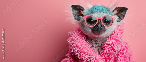 A cute lemur peers through stylish oversized white sunglasses, surrounded by flamingo pink feathers on a pink backdrop