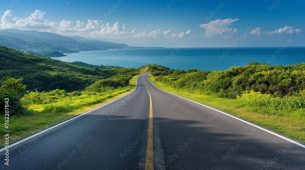 a road leading to the sea - road trip travel advertisement - vacation to the ocean coast illustration asset.