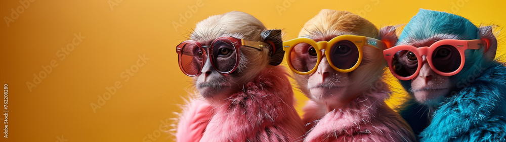 Monkey fashionably attired in red glasses and a fluffy pink coat, looking stylish