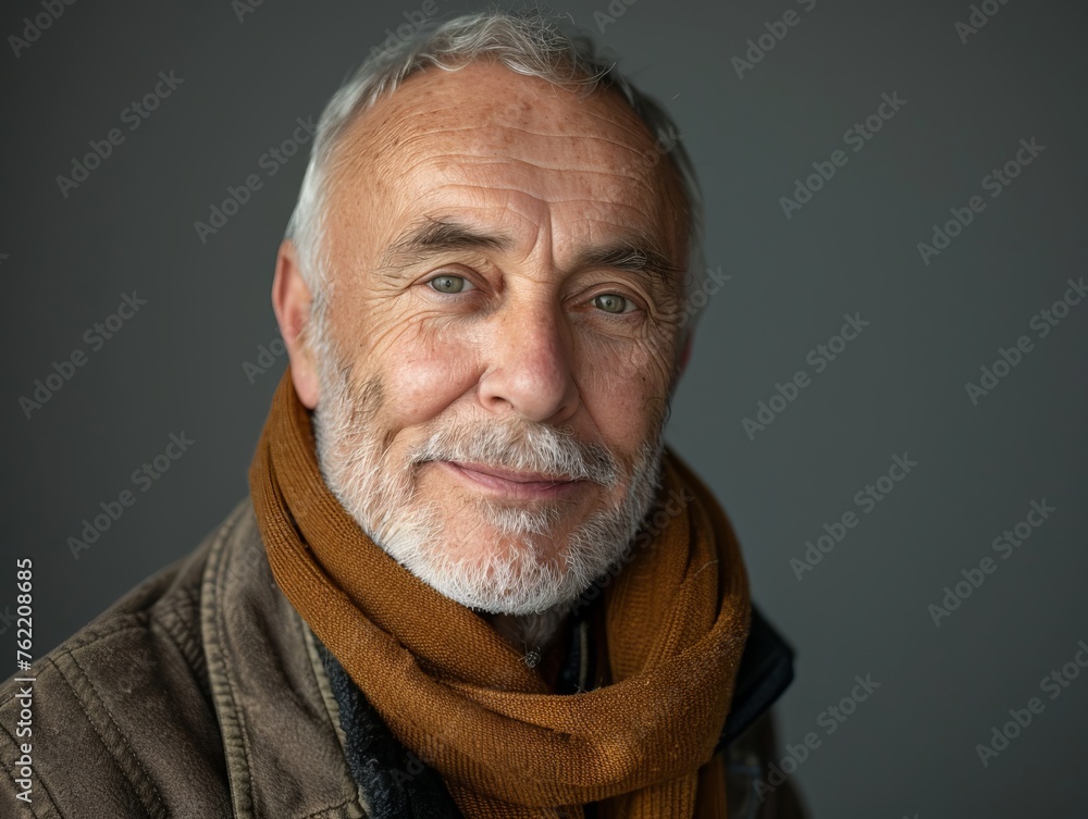Obraz premium Elderly man smiling at camera. A close-up portrait of an elderly, man with a warm smile, wearing fashionable clothes.