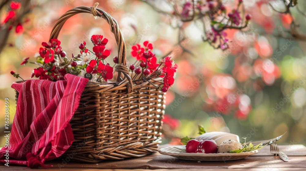 A picnic basket featuring a red napkin, alongside a setting for table placement A picnic basket featuring a red napkin, alongside a setting for table placement