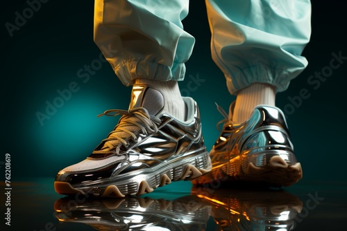  Portrait of a person wearing futuristic metallic sneakers, reflecting light and creating a sci-fi inspired aesthetic