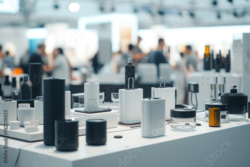 Modern display of cosmetic products in exhibition booth with clean and minimalist design, industry trade. Elegant presentation of beauty items with selective focus and blurred background