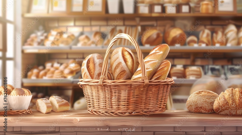 A realistic portrayal of a bakery shop's display, featuring a traditional willow wicker basket full of freshly baked bread, in vector illustration format - obrazy, fototapety, plakaty 