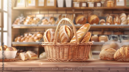 A realistic portrayal of a bakery shop's display, featuring a traditional willow wicker basket full of freshly baked bread, in vector illustration format