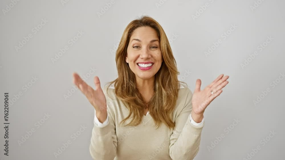 Crazy happy young latin woman celebrating wild win! standing, arms held high in insane victory joy, she's the beautiful triumphant winner on an isolated white background! Crazy happy young latin woman celebrating wild win! standing, arms held high in insane victory joy, she's the beautiful triumphant winner on an isolated white background!