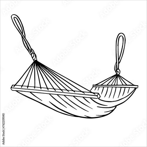 Vector drawing of glamping resorts, rag hammock, comfortable home, outdoor recreation. Doodle graphics for camping in nature. Human tourists in a luxury glamorous premium campsite.