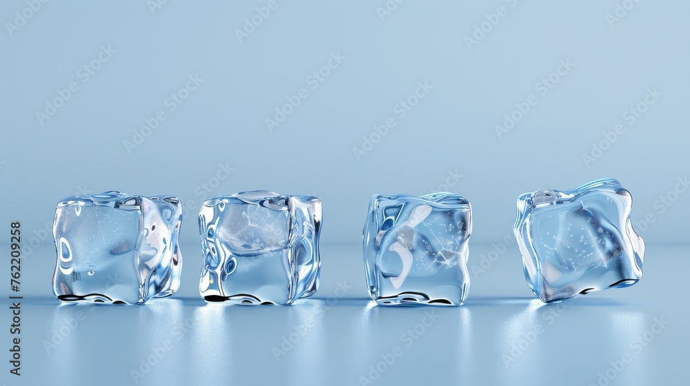 A series of four ice cubes, showcased in light blue hues to emphasize their translucent quality A series of four ice cubes, showcased in light blue hues to emphasize their translucent quality