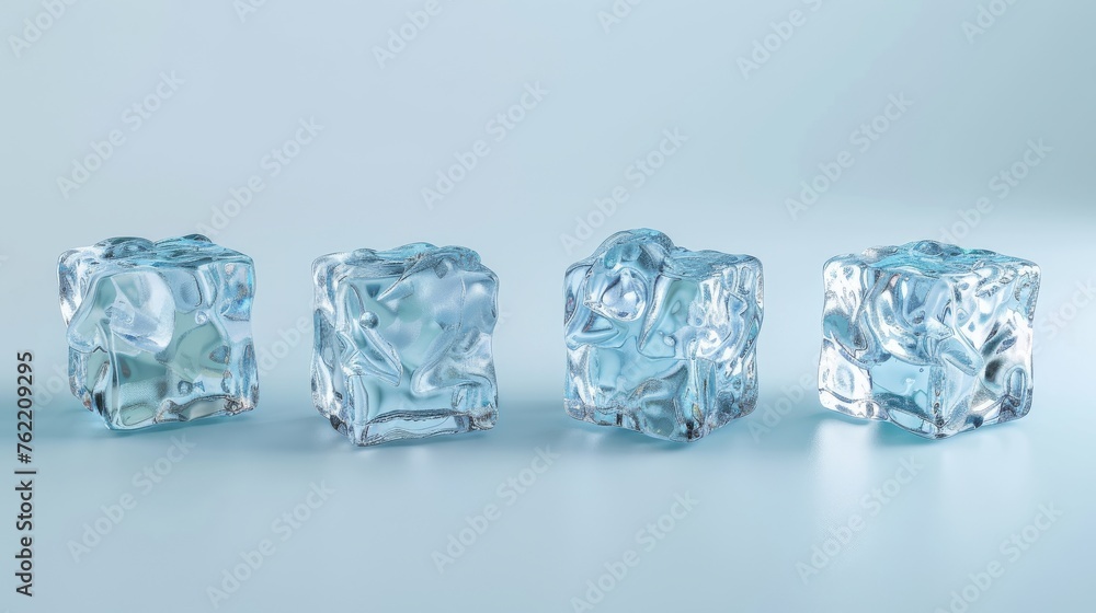 A series of four ice cubes, showcased in light blue hues to emphasize their translucent quality A series of four ice cubes, showcased in light blue hues to emphasize their translucent quality