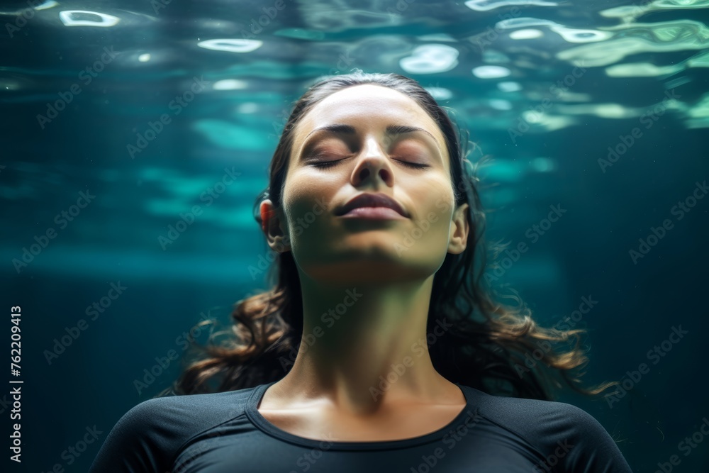 A young woman submerged underwater, her eyes closed in peaceful meditation as she practices breath-hold diving A young woman submerged underwater, her eyes closed in peaceful meditation as she practices breath-hold diving