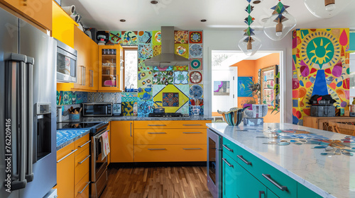 Trendy Eclectic Kitchen Design with Abstract Patterns and Vibrant Colors