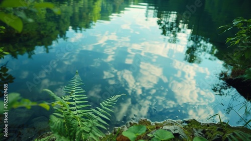 Calm reflective lake surrounded by lush greenery - The water is crystal clear reflecting the sky above - This tranquil scene is meant to evoke feelings created with Generative AI Technology