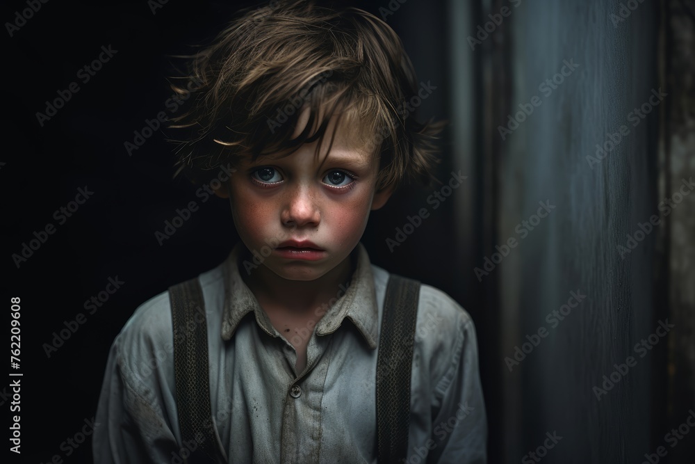 Portrait photograph of a tearful boy child, their parent's figure obscured or turned away, underscoring the child's isolation in their moment of distress.
Portrait photograph of a tearful boy child, their parent's figure obscured or turned away, underscoring the child's isolation in their moment of distress.