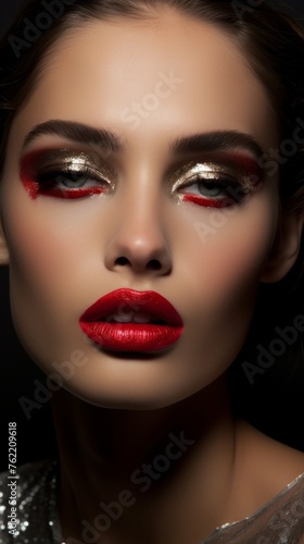 Woman With Red Lipstick and Silver Makeup