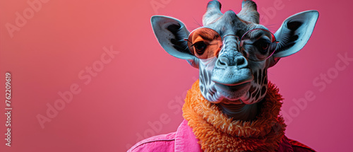 A quirky giraffe digitally altered with sunglasses and sweater on a red to pink gradient background