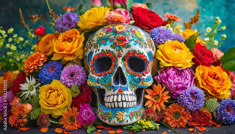 Skull covered with colorful flowers. Death and rebirth. Cinco De Mayo or Dia de Muertos.