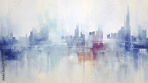 Urban landscape in watercolor paints  skyscrapers and buildings reflected in water  rainy sad day in blue and white tones  background color image