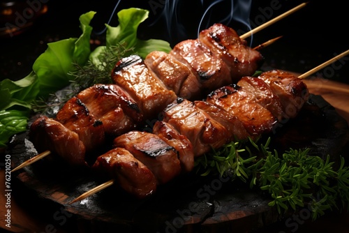 Aromatic Pork skewers raw. Cooking onion beef. Generate Ai