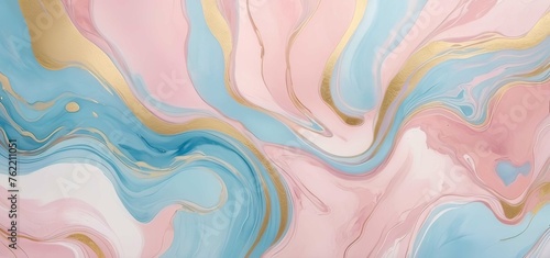 Abstract watercolor paint background illustration - Soft pastel pink blue color and golden lines, with liquid fluid marbled paper texture banner texture